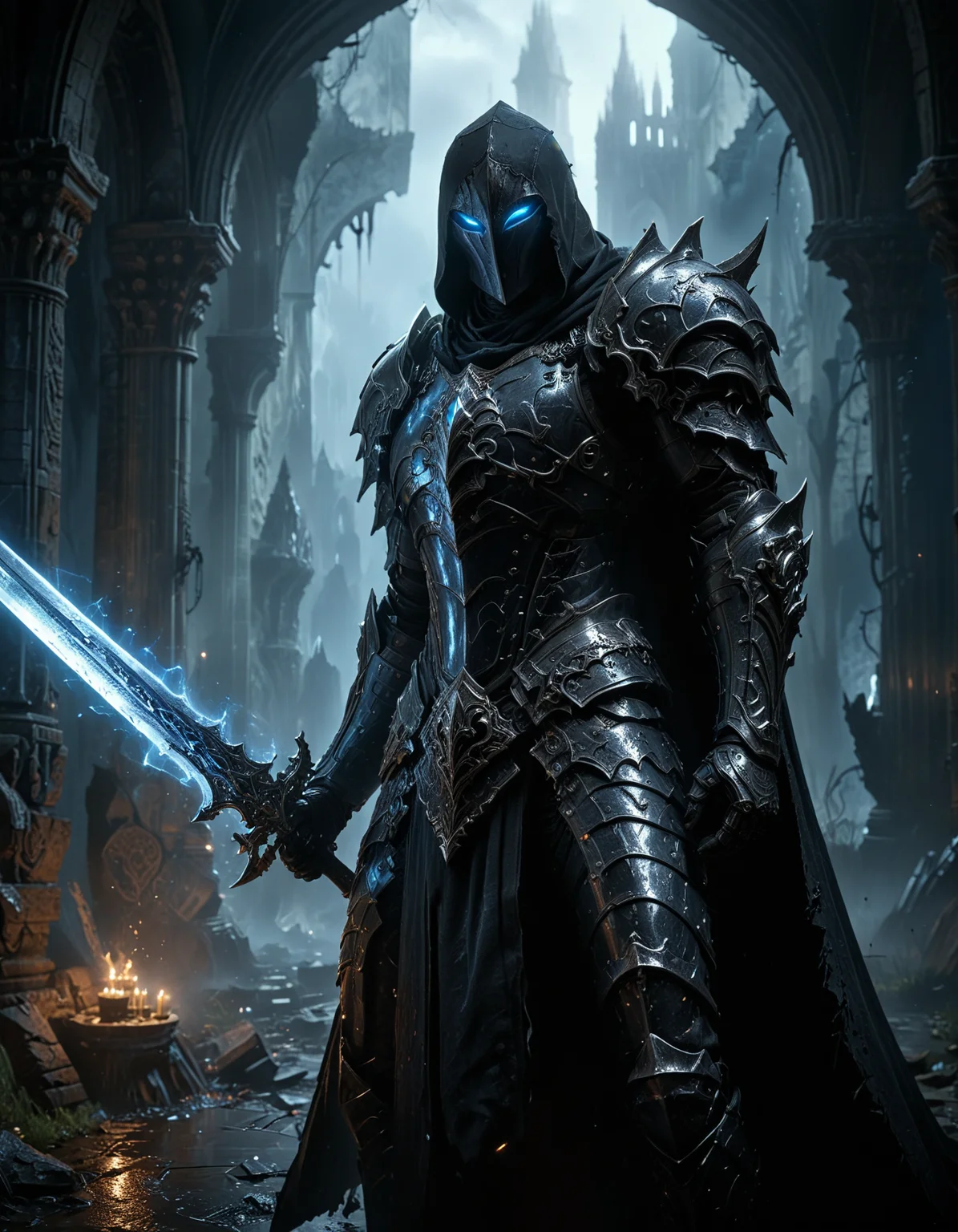 concept art, hidden face, hooded mysterious figure, mysterious figure in ornate heavy armor, the armor should be detailed with layered plates, with a long tattered cape, The figure should be standing with a large intricately designed glowing gigantic massive sword held vertically in front of him with the point resting on the ground, the glowing gigantic sword should be prominent and have highlights of blue around it, giving it a mystical quality, The background should suggest a grand gothic structure with tall arches that fade into darkness above, The color palette is dark with shades of black and gray dominating, there should be small embers drifting around in the air, dramatic effect, dark fantasy-inspired and highly detailed, <lora:MJ52:0.4>, <lora:add-detail-xl:1>, <lora:glowneon_xl_v1:0.5>, <lora:zavy-cntrst-sdxl:0.5>, <lora:XL_Weapon_Sword_-_By_HailoKnight_2:0.4> . digital artwork, illustrative, painterly, matte painting, highly detailed