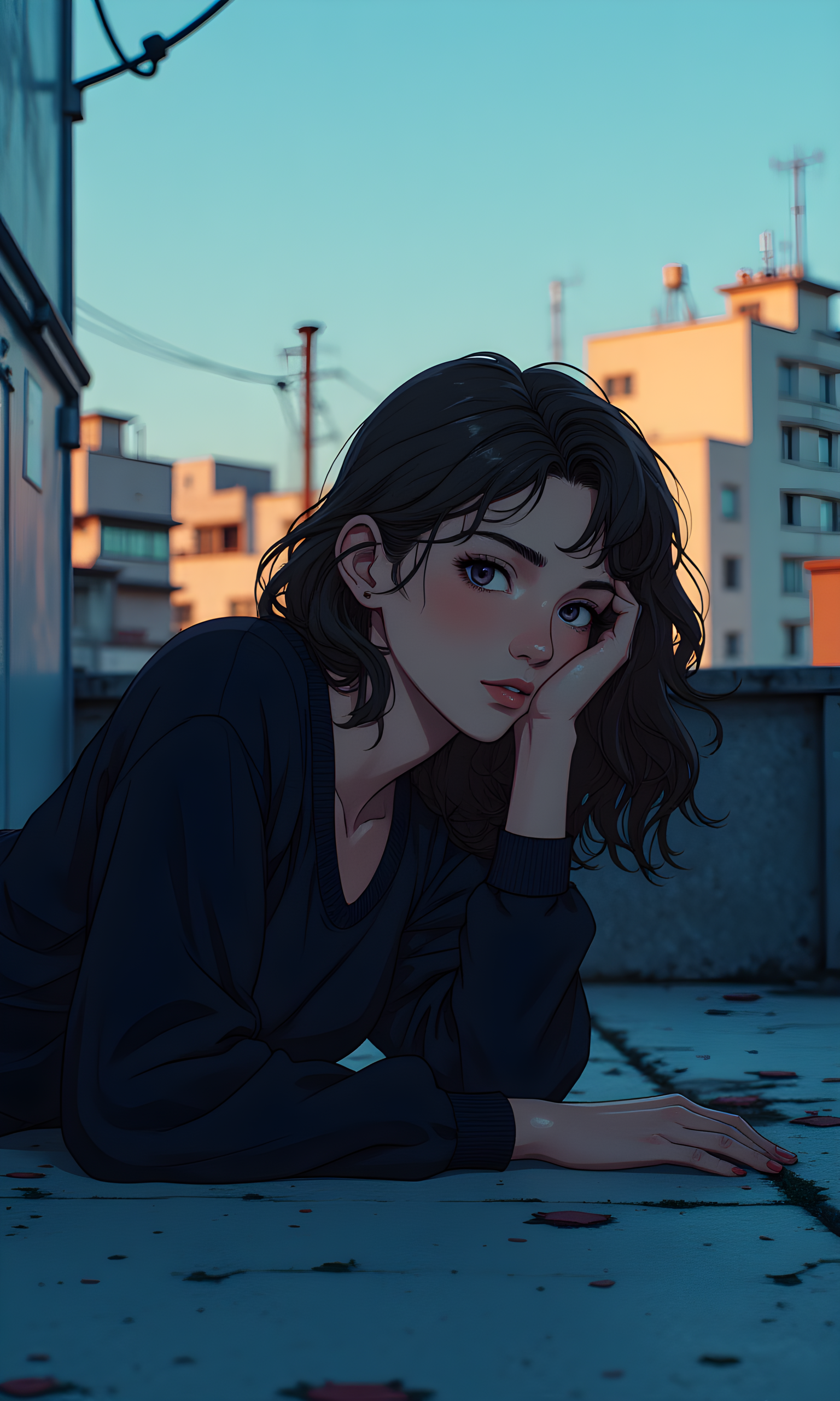 Serene and introspective moment featuring a woman lying on a rooftop. The camera is positioned at a low angle, looking up at the subject, which creates a sense of depth and perspective. The angle also emphasizes the expanse of the rooftop and the surrounding environment. 
The lighting in the image is soft and cool, likely from natural light during the early morning or late evening hours. The light type appears to be natural daylight, which creates a calm and tranquil atmosphere. The light direction is from above, casting gentle shadows that highlight the contours of her face and the texture of her clothing. 
The woman is lying on her side, with her head resting on her hand. Her expression is calm and reflective, suggesting she might be lost in thought or simply enjoying the moment. She is wearing a dark sweater, which adds to the overall sense of warmth and comfort. Her hair is styled loosely around her shoulders, adding to the relaxed and casual feel of the scene. 
The background features a blurred view of rooftops and buildings, indicating an urban setting. The colors and textures in the background complement the subject's outfit, creating a harmonious and visually appealing composition. The overall mood of the image is one of quiet reflection and peacefulness, capturing a moment of stillness and introspection. 
BREAK anime, d13s3lp2nk, bboil artist style, OBdonman, <lora:FLUX\Synesthesia:0.2>, <lora:FLUX\RetroAnimeS1.1:0.4>, <lora:FLUX\Flux-jijia:0.1>, <lora:FLUX\It's a LoRA for portraits, BUT! actually specialized in backgrounds. v1.0:0.1>, <lora:FLUX\GLSHS:0.2>, <lora:FLUX\Dieselpunk Delight - s0_9 g4:0.4>, <lora:FLUX\OBdonman, anime0style portrait:0.1>