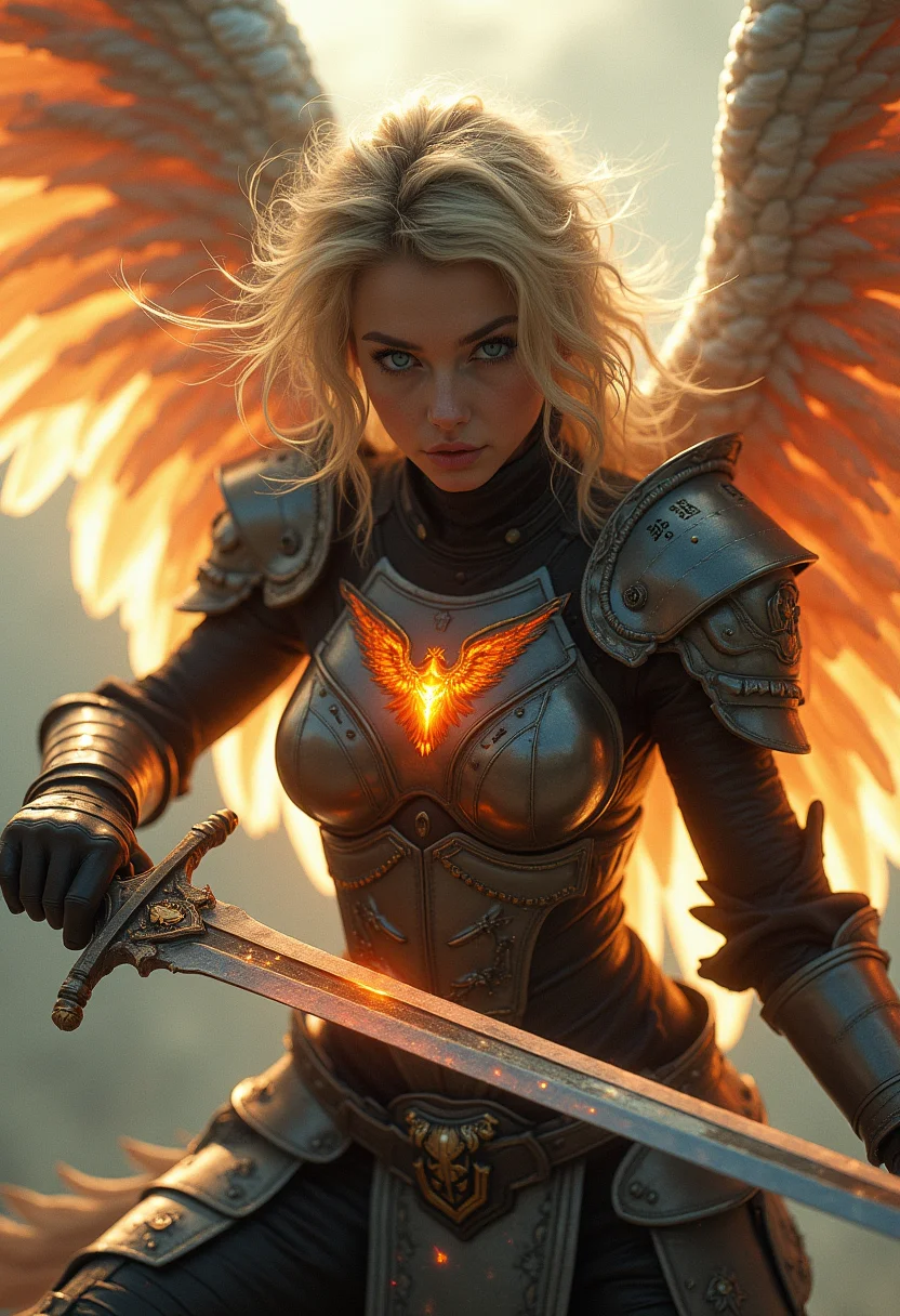 Detailed, masterpiece, professional, bold colors, awe inspiring, photography inspired by Jeremy Mann, 30mm shot, action scene, HDR, feiry eyes, feminine, heaven, clouds, inspired by Kelly McKernan, tactical armored knight, holding fiery infused divine sword, (transparent see through angel wings), engraved luminescent runes, intricate details, serene, cinematic, bokeh, depth of field, vivid details, high contrast, sword fight, dynamic lighting, firebird chest emblem, messy blonde hair