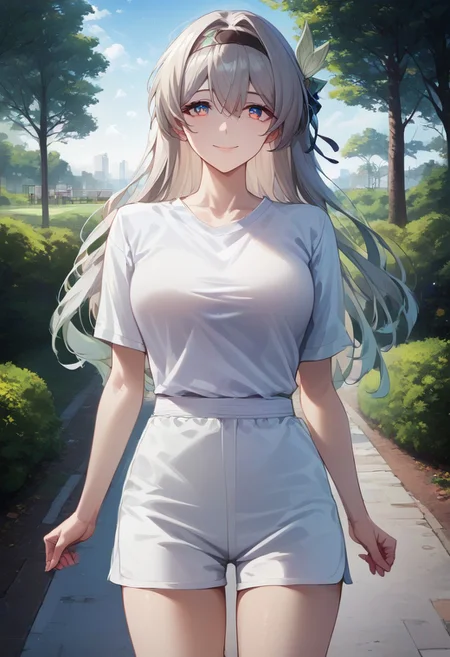 score_9, score_8_up, score_7_up, source anime, anime screencap, masterpiece, expressive eyes, perfect face, cinematic lighting, volumetric lighting, bloom, post processing,  warm light, soft light, detailed background, detailed face, extremely detailed face, beautiful face, 1girl, solo.  Firefly_Honkai, long hair, grey hair, hairband, hair between eyes, hair ornament, hair ribbon, mature female, medium breasts, white sports shirt, white sports shorts, , , standing, ((park, trees, clear sky)), smile, cute smile, closed mouth, looking at viewer, cowboy shot