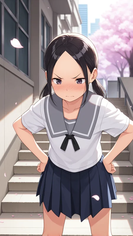 masterpiece, best quality, amazing quality, girl, dynamic pose, <lora:Manana Nonomura - Illu-000004:0.8>, black hair, dark purple eyes, sidelocks, twintails, parted hair, forehead, school uniform, grey collar, black ribbon, blue skirt, pleated skirt, nose blush, modern city, stairs, cherry blossoms, hands on hips, upset, depth of field, falling petals, short sleeves,