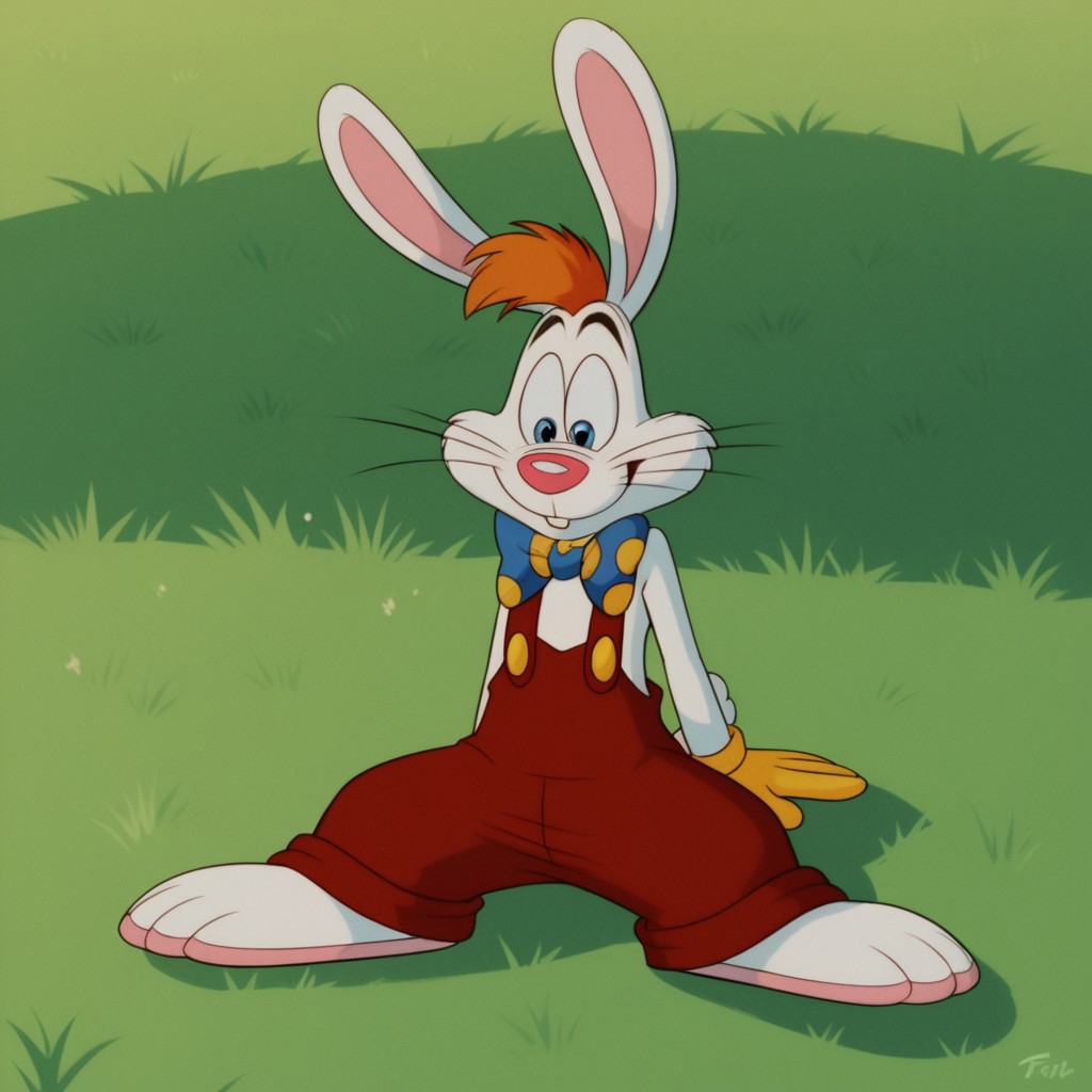 score_9, score_8_up, score_7_up, score_6_up, score_5_up, score_4_up, source_furry, Rogerrbbt, anthro, male, rabbit, rabbit ears, white fur, orange hair, red overalls, buck teeth, bowtie, yellow gloves, sitting, on grass,