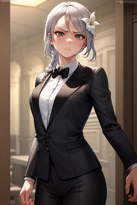 Kaine,  <lora:KaineV1-000007:0.6>, (2d:1.2), 1girl, flower, bandages, solo,  hair_ornament, bandaged_leg, braid, fancy tuxedo, suit, crossdressing,  upper_body, hair_flower, grey_eyes, annoyed_expression, grabbing clothing, uncomfortable expression,  digital art, HDR, cinematic lighting, hard lighting amazing shading, professional art, 2d character, painting_\(medium\) background, fantasy, medieval,  ballroom,