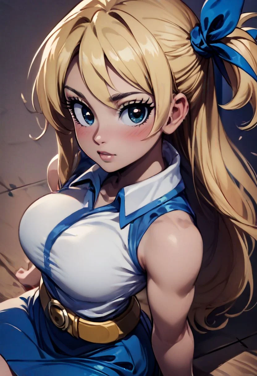 score_9, score_8_up, score_8, medium breasts, cute, eyelashes ,
side view, blush. :o,
upper body, portrait,
aaLucy, hair ribbon, side ponytail, blonde hair, long hair, large breasts, white shirt, sleeveless, belt, blue skirt, sitting, from above, blush, solo, looking at viewer, cowboy shot