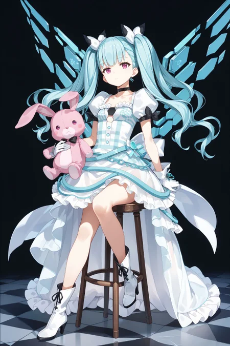 score_max, (score_9, score_8_up, score_7_up:1.2), score_6_up, official art,
, masterpiece, absurdres, high detail, 8k,
simple background, black background, spot light, stone floor, stool,
sitting on stool, holding stuffed toy, stuffed bunny, expressionless, puffy cheeks, leaning on stuff,
ddphibachi, twintails, quad tails, hair bow, choker, white dress, collarbone, puffy short sleeves, mechanical wings, white gloves, back bow, see-through skirt, frills, white boots, heels
<lora:XL_Pony_gomaotsu-hibachi-t3:1.0>