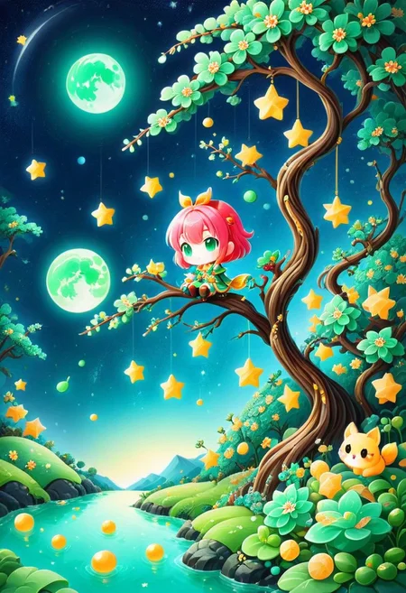 Sinoink, score_9, score_8_up, score_7_up, score_6_up, 1girl, chibi, sitting on tree branch , made out of jade, fresh, refreshing iridiscent, night sky, candy moon, candy stars, magical orchard , bokeh, midjourneyv6.1