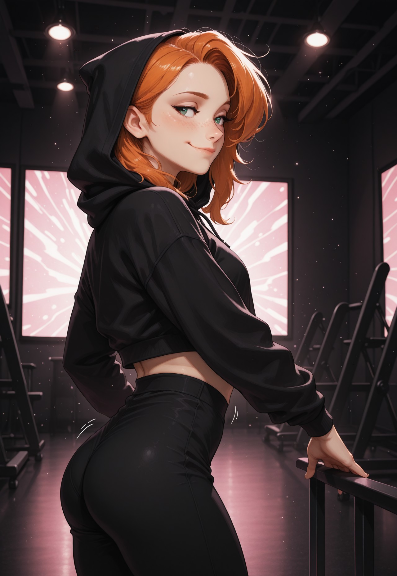 score_9, score_8_up, score_7_up, score_6_up, score_5_up, score_4_up, masterpiece, best quality, absurdres, 4k, 8k, intricate details, Chiaroscuro Lighting, cute, sexy,1girl, ginger, freckles, detailed eyes, HDeyes, perfecteyes, eyesHD, sexy eyes, bedroom eyes, expressiveH, smirk, foreshortening, side view, zicovergirl, standing, front view, looking at side, thoughtful look, pale white skin, hood, dancing, motion lines, twerk, indoors, dance studio, backlighting, neon black abstract background, light particles, glowing, dynamic pose, lazypos <lora:Zikickix_Cover_Girl:1>