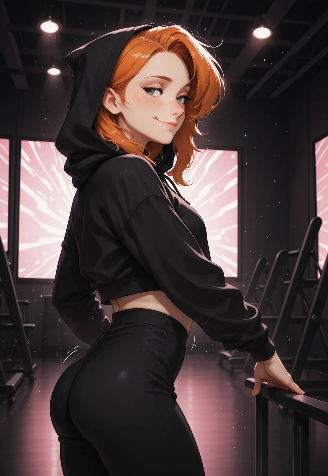 score_9, score_8_up, score_7_up, score_6_up, score_5_up, score_4_up, masterpiece, best quality, absurdres, 4k, 8k, intricate details, Chiaroscuro Lighting, cute, sexy,1girl, ginger, freckles, detailed eyes, HDeyes, perfecteyes, eyesHD, sexy eyes, bedroom eyes, expressiveH, smirk, foreshortening, side view, zicovergirl, standing, front view, looking at side, thoughtful look, pale white skin, hood, dancing, motion lines, twerk, indoors, dance studio, backlighting, neon black abstract background, light particles, glowing, dynamic pose, lazypos <lora:Zikickix_Cover_Girl:1>