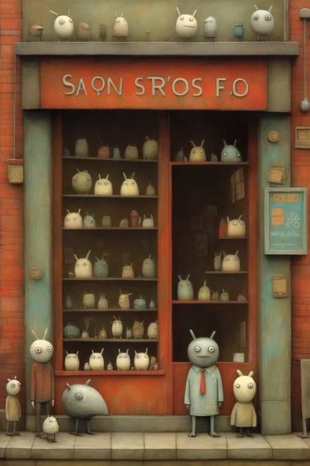 <lora:Shaun Tan Style:1>Shaun Tan Style - small shopfront shaun tan