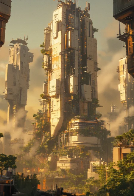 OBweilai, in the style of ck-sfc, a sustainable, green energy futuristic city, with tall solar-powered sjyscrapers and sustainable apartment blocks made from ceramics and marble, situated next to a verdant valley, misty, sunset