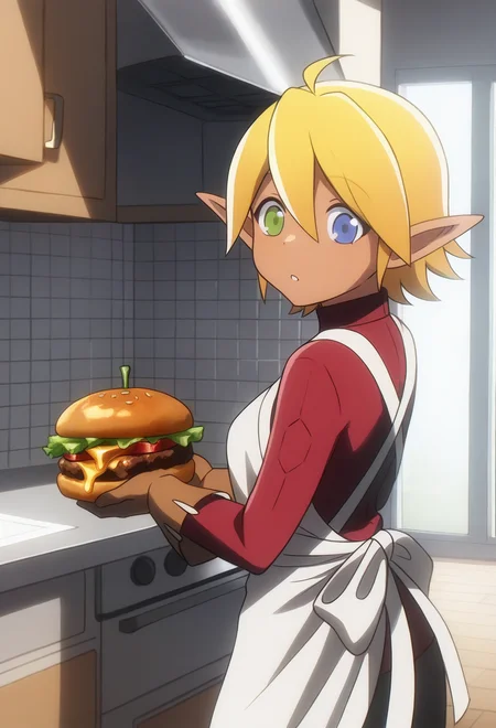 masterpiece,best quality, 1girl,aurabellaf ,blonde,short hair,heterochromia,elf ears,dark skin,wearing a white apron,kitchen, <lora:aurabellaf-il (6):1> holding a hamburger