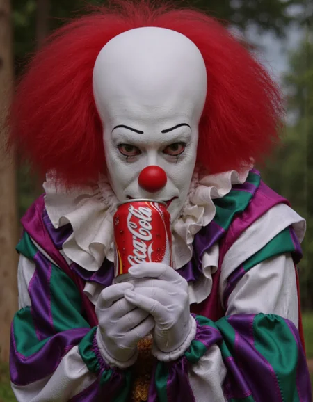 realistic photo of pennywise the clown holding a coke can, <lora:Pennywise_91:0.85>pennywise's, clown's <lora:coke_can_rendering:1>, cccnz1 the soda can