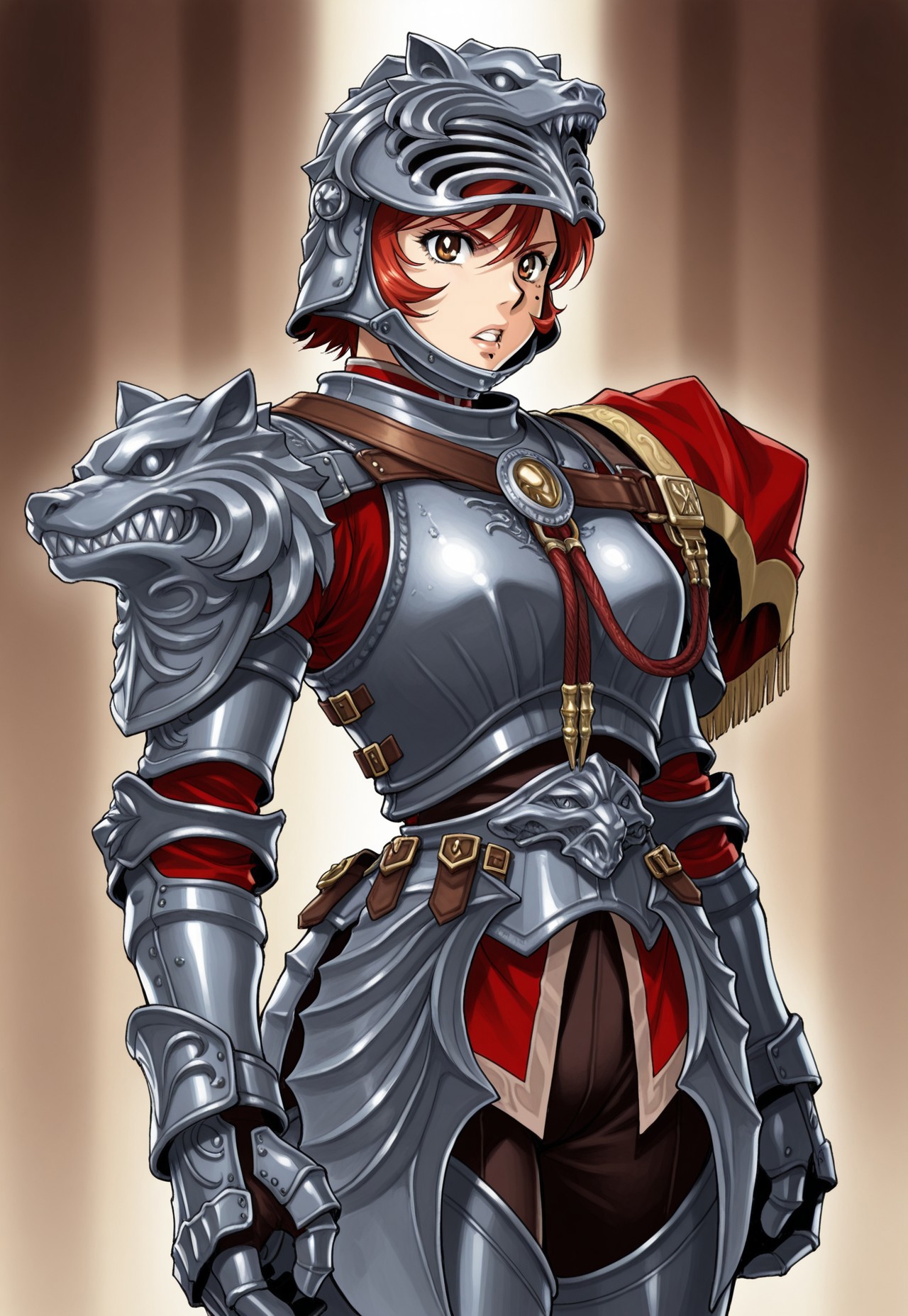 masterpiece, best quality, 2000s anime, cowboy shot, serious, parted lips, 1girl, solo, scfourhilde, short hair, red hair, lips, mole, helmet, breastplate, armor, gauntlets, asymmetrical shoulder armor, greaves,