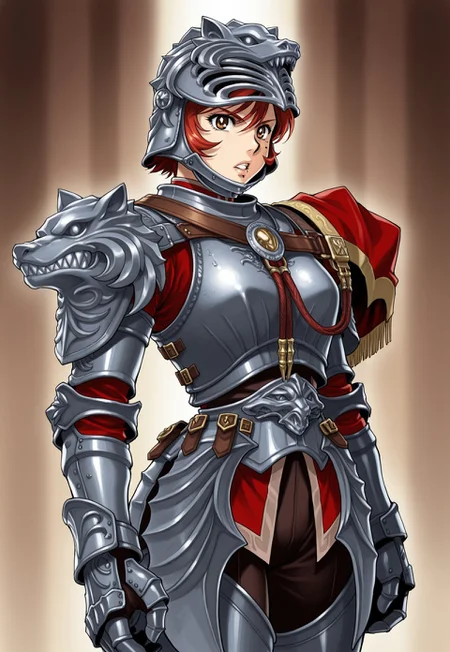masterpiece, best quality, 2000s anime, cowboy shot, serious, parted lips, 1girl, solo, scfourhilde, short hair, red hair, lips, mole, helmet, breastplate, armor, gauntlets, asymmetrical shoulder armor, greaves,