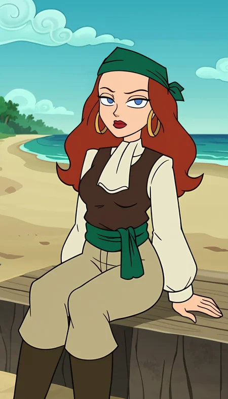 source_cartoon, 1girl, solo, long hair, red hair, blue eyes, no pupils, shihakugan eyes, mob psycho eyes, red lips, forehead, white shirt, vest, puffy long sleeves, hoop earrings, sash, hat, bandana, pants, knee boots, sitting, outdoors, sunny, sky, beach, looking at viewer, cowboy shot, <lora:ElaineMarley_PonyXL:0.8>, Elaine Marley, screencap