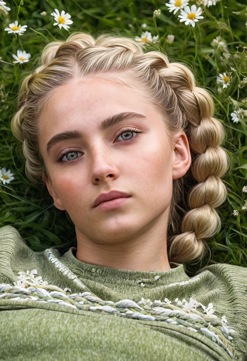 Hyperrealistic art High-definition portrayal, ((ultra-dynamic angle)) ((blonde girl with intricate detailed braids)), reclined and basking in the radiant beauty of a blooming meadow