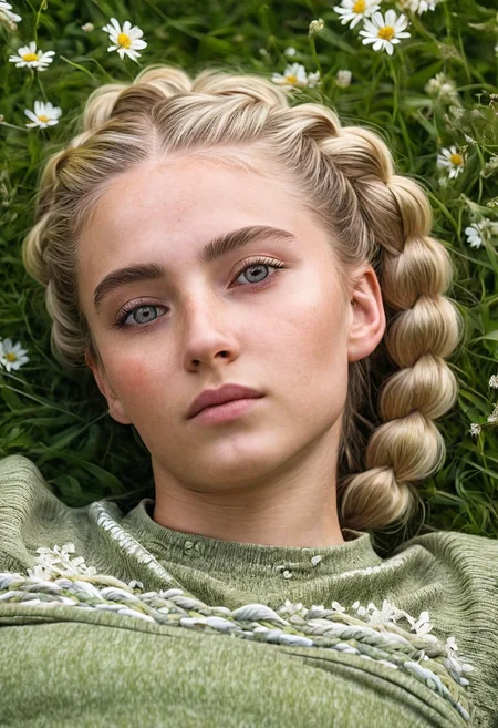 Hyperrealistic art High-definition portrayal, ((ultra-dynamic angle)) ((blonde girl with intricate detailed braids)), reclined and basking in the radiant beauty of a blooming meadow