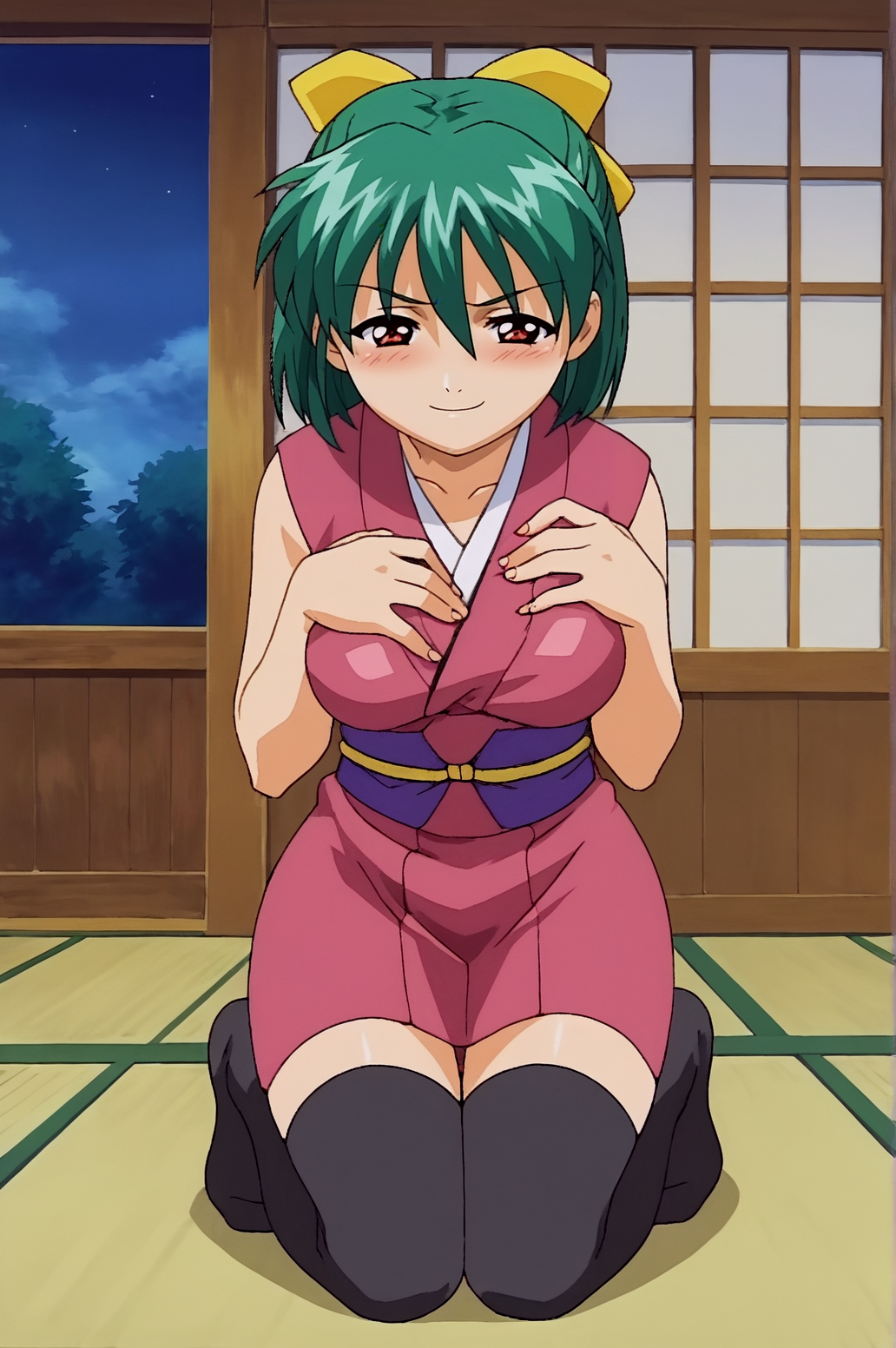 score_9, score_8_up, score_7_up,anime_source, source_anime, best background, detailed background, anime screencap,  Yaku, solo, japanese clothes, kimono, black thighhighs, naughty face, blush, on knees, happy, grab own breasts,   indoors,  <lora:JN_Yaku:0.8>