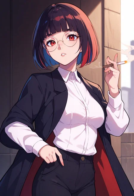 score_9, score_7_up, solo, 1girl,
red eyes, round eyewear, glasses, parted lips, hip vent, nylon, blunt bangs, bob cut, medium breasts, dress shirt, suit pants, smoking, coat,