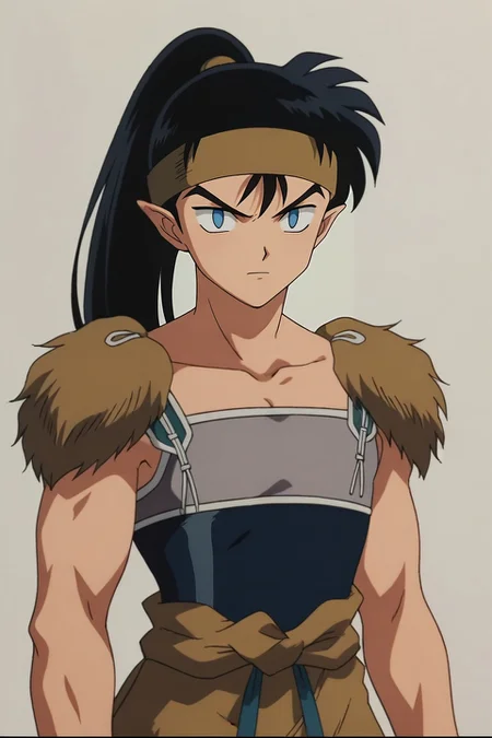 score_9, score_8_up, score_7_up, source_anime, rating_safe, intricate details, anime screencap, anime coloring, official style, , , 1boy, solo, male focus, <lora:kouga_inuyasha_pony:0.92>, kouga_inuyasha, black hair, blue eyes, long hair, ponytail, pointy ears, headband, , , convict costume, <lora:sdxl_lightning_8step_lora:1>