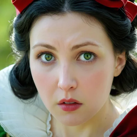 <lora:Snow White v3:1>
Snow White a closeup of a green_eyes woman with a red bow on her head looking scared In 1500s 15th Century