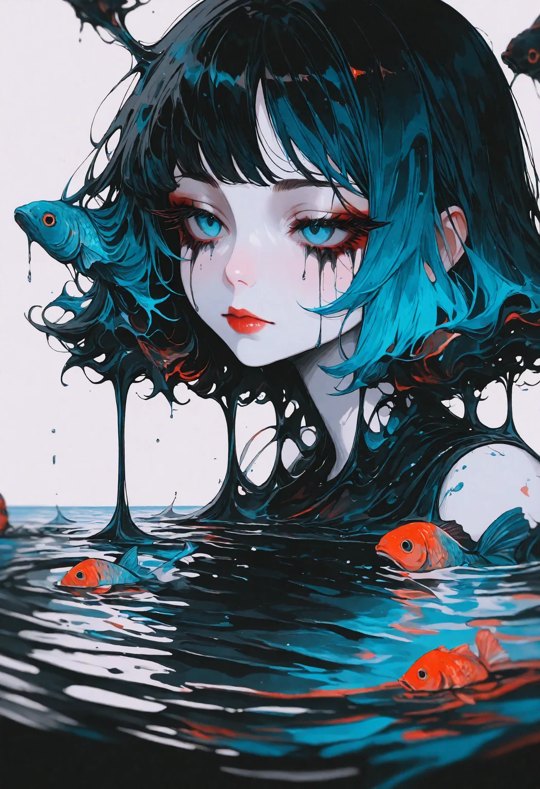 masterpiece, best quality, newest, absurdres, highres, very awa, anime screencap, no lineart, limited palette, acrylic paint \(medium\), painting \(medium\), ambient occlusion, depth of field, blue blackground, simple background, 1girl, fish, blue eyes, solo, liquid, abstract, eyelashes, lips, close-up, portrait, water, partially submerged, nose, makeup, black runny makeup, lipstick, animal, surreal, closed mouth, red lips, long eyelashes, black hair, blue hair, traditional media, pale skin,
