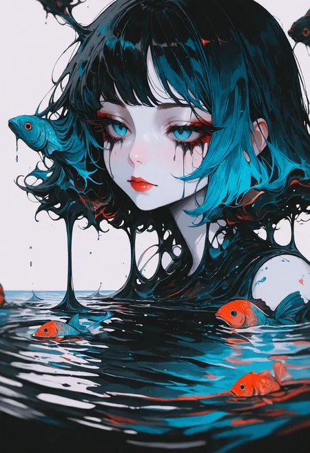 masterpiece, best quality, newest, absurdres, highres, very awa, anime screencap, no lineart, limited palette, acrylic paint \(medium\), painting \(medium\), ambient occlusion, depth of field, blue blackground, simple background, 1girl, fish, blue eyes, solo, liquid, abstract, eyelashes, lips, close-up, portrait, water, partially submerged, nose, makeup, black runny makeup, lipstick, animal, surreal, closed mouth, red lips, long eyelashes, black hair, blue hair, traditional media, pale skin,