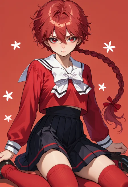 score_9, score_7_up, source_anime, BREAK <lora:AELucy:1>
AEHikaru, braided ponytail, hair between eyes, hair ribbon, long braid, long hair, red eyes, red hair, single braid,
serafuku, red shirt, white sailor collar, long sleeves, red bow, ribbon, white bowtie, black skirt, pleated skirt, kneehighs, red socks, black footwear,