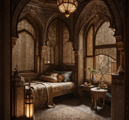 RAW photo, (masterpiece:1.3), subsurface scattering, heavy shadow, (high quality:1.4), (intricate, high detail:1.2), professional photography, HDR, High Dynamic Range, realistic, ultra realistic, photorealistic, high resolution, film photography, ambient lighting, atmospheric effects, <lora:detail_slider_v4:2>, OverallDetail, an arabian bedroom pillows, a window, small tables and lamps, ArIn, <lora:ArabianInteriors-10:1>, epiCPhoto