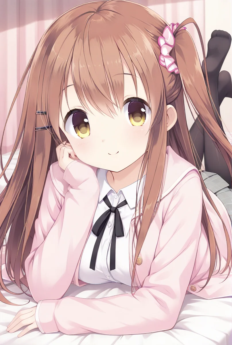 masterpiece,best quality,amazing quality,highres,scenery,newest,1girl,official style,sena, brown hair, hair ornament, long hair, hairclip, yellow eyes, bangs, one side up, hair between eyes,sena school2, pantyhose, skirt, pleated skirt, plaid skirt, plaid, black pantyhose, shirt, school uniform, grey skirt, open clothes, scrunchie, long sleeves, white shirt, sleeves past wrists, cardigan, hair scrunchie, ribbon, neck ribbon, pink jacket, buttons, dress shirt, <lora:koikake-sena-V2:1>,bedroom,bed,looking at viewer,the pose,soles,no toes,smile,on stomach,