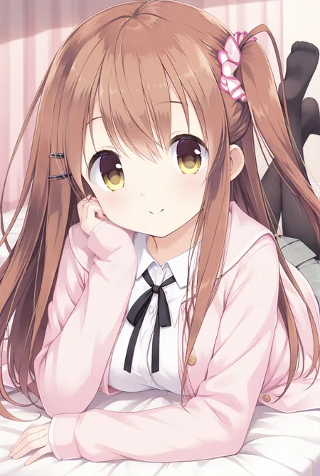 masterpiece,best quality,amazing quality,highres,scenery,newest,1girl,official style,sena, brown hair, hair ornament, long hair, hairclip, yellow eyes, bangs, one side up, hair between eyes,sena school2, pantyhose, skirt, pleated skirt, plaid skirt, plaid, black pantyhose, shirt, school uniform, grey skirt, open clothes, scrunchie, long sleeves, white shirt, sleeves past wrists, cardigan, hair scrunchie, ribbon, neck ribbon, pink jacket, buttons, dress shirt, <lora:koikake-sena-V2:1>,bedroom,bed,looking at viewer,the pose,soles,no toes,smile,on stomach,