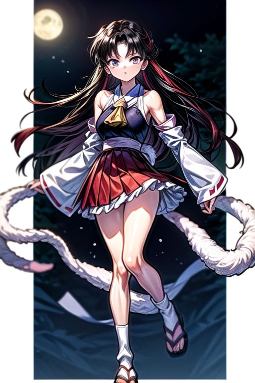 masterpiece,  best quality 1girl Setsun4 solo long hair,  (night time) forest background black hair very long hair purple eyes multicolored hair armor (fur trim) (medium body),<lora:EMS-179-EMS:0.800000>,<lora:EMS-293862-EMS:0.800000>ascot, bare shoulders, black footwear, detached sleeves, embellished costume, frills, japanese clothes, nontraditional miko, red skirt, sandals, sarashi, skirt, socks, armor, miko