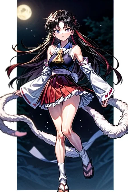 masterpiece, best quality 1girl Setsun4 solo long hair, (night time) forest background black hair very long hair purple eyes multicolored hair armor (fur trim) (medium body),<lora:EMS-179-EMS:0.800000>,<lora:EMS-293862-EMS:0.800000>ascot, bare shoulders, black footwear, detached sleeves, embellished costume, frills, japanese clothes, nontraditional miko, red skirt, sandals, sarashi, skirt, socks, armor, miko