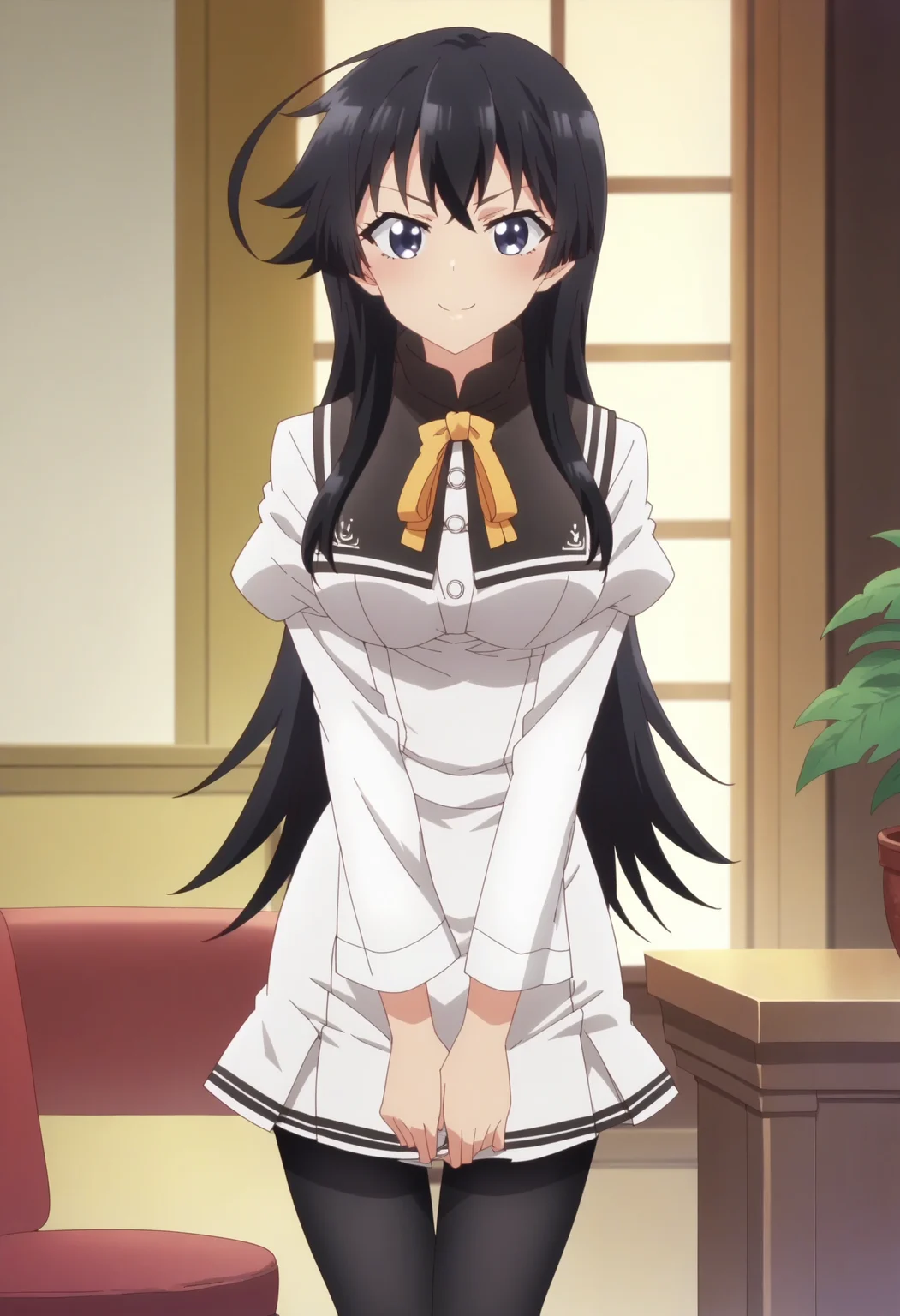 score_9, score_8_up, score_7_up, score_6_up, score_5_up, score_4_up , anime coloring ,BREAK source_anime, anime,screencap,
1girl, solo, karenj, sailor dress, black pantyhose, neck ribbon.  <lora:PonyXL Karen Jinryou V1:1>
indoors, 
smile, looking at viewer,