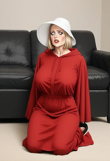 score_9, score_8_up, score_7_up, score_6_up, adult beautiful woman, (chiaroscuro lighting)
source_cartoon, f3rn4nd0, (line art),
solo,
apartment,
(1female), coed
H4NDM41D,
red dress, hood, red_robe, hooded_robe, bonnet, white_headwear,
(gigantic breasts), (huge breasts), fully clothed, skintight,
blond hair,
red lipstick, long eyelashes, slutty makeup, mascara
((blushing)),
biting her lip, drooling,
(extremely thin), (skinny thin), (anorexic thin),
kneeling on ground, near couch