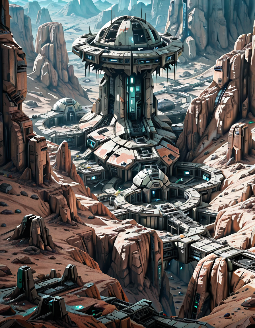 <lora:SWL_Stations1v2ill:1>  lostst1, rocky station, impressive scientific complex, abandoned, cyberpunk, science fiction, in a mountain, lights, rocky desert,