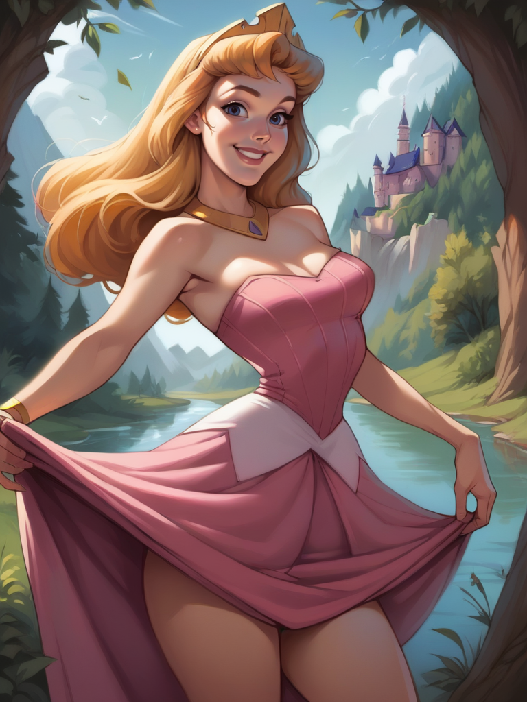 score_9, score_8_up, score_7_up, score_6_up, AuroraXLP skirt lift, pink dress, princess, tiara, purple eyes, medium breasts, narrow waist, wide hips, thick thighs, looking at viewer, cowboy shot, cartoon, dynamic pose, smile, cute, wide shot, solo, forest, lake, magic vibe, castle, disney, dutch angle, realistic, sfw,
<lora:AuroraXLP_character:0.85>  <lora:Realistic_2.5DAnime_Merge1:0.5>