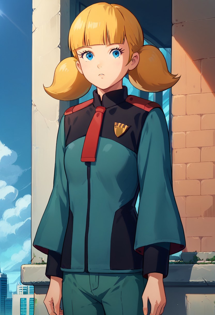 score_8, score_8_up, score_7_up, score_6_up, source_anime, BREAK, 1girl, solo, female focus,, penny_ig, blonde hair, twintails, blue eyes,  asticassia_outfit, shoulder boards, multicolored clothes, two-tone jacket, jacket, black jacket, collared jacket, black sleeve cuffs, sleeve cuffs, long sleeves, wide sleeves, layered sleeves, two-sided fabric, red necktie, red shoulder boards, green jacket, green shorts, confused, looking at viewer, outdoors, building, city, sky, window, space colony interior