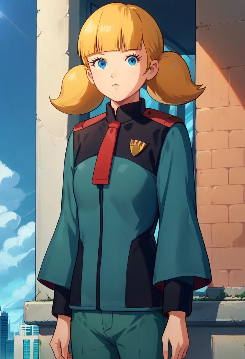 score_8, score_8_up, score_7_up, score_6_up, source_anime, BREAK, 1girl, solo, female focus,, penny_ig, blonde hair, twintails, blue eyes, asticassia_outfit, shoulder boards, multicolored clothes, two-tone jacket, jacket, black jacket, collared jacket, black sleeve cuffs, sleeve cuffs, long sleeves, wide sleeves, layered sleeves, two-sided fabric, red necktie, red shoulder boards, green jacket, green shorts, confused, looking at viewer, outdoors, building, city, sky, window, space colony interior
