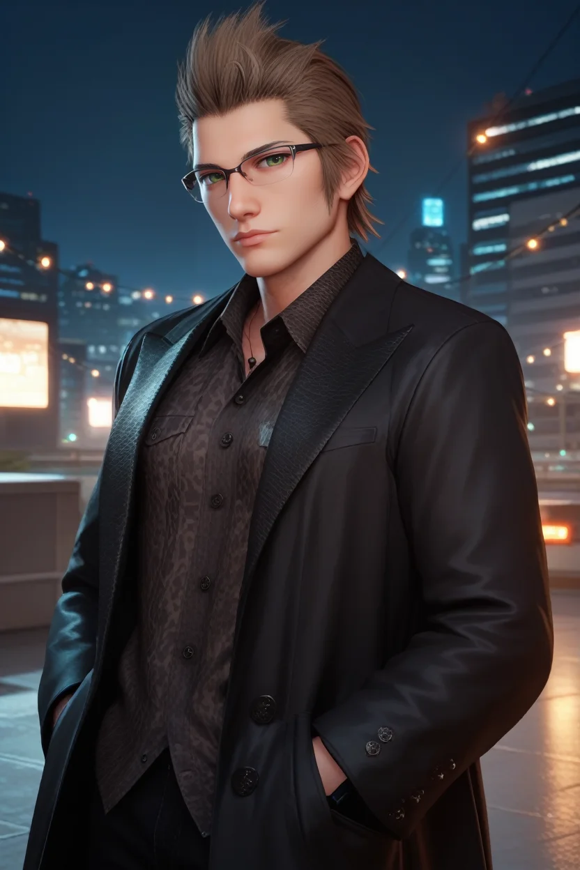 score_9, score_8_up, score_7_up,
<lora:FFIgnis:0.8>
FFIgnis, 1boy, brown hair, green eyes, glasses, looking at viewer, On a high-rise rooftop, sharp black trench coat, city lights below, hands in pockets