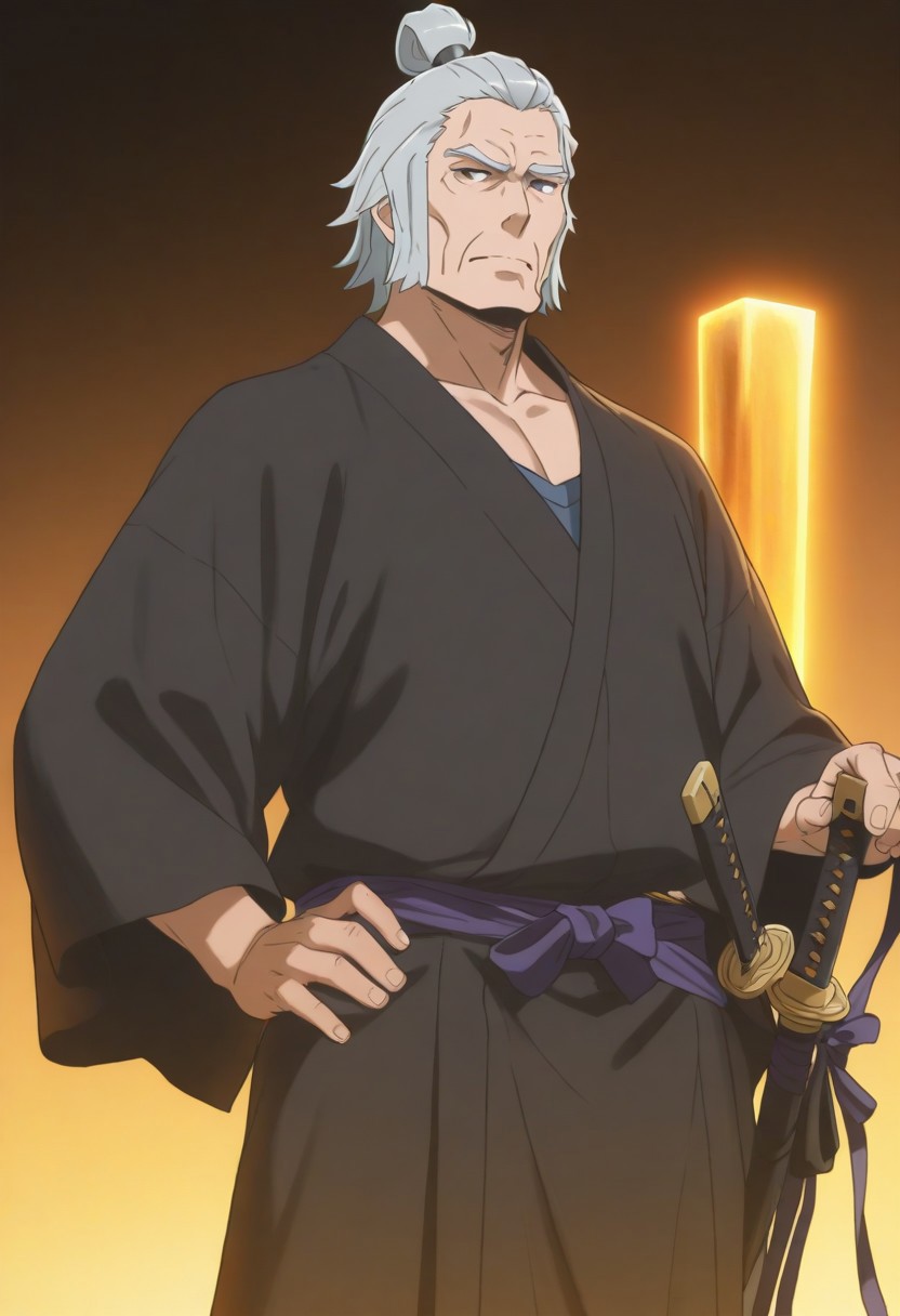 1boy, older male, mature male, An elderly samurai with long, flowing grey hair tied in a loose topknot, his scarred, weathered face exuding wisdom and resolve. He’s dressed in a tattered kimono with muted red and black hues, adorned with battle-worn lightweight armor. His katana, sheathed at his hip, has a rugged hilt wrapped in dark cloth. Rendered in a vibrant anime style inspired by Danmachi—crisp black outlines, soft gradient shading, and a heroic yet grounded presence. The scene is set on a misty battlefield at dawn, with faint warrior silhouettes in the distance and a warm golden glow piercing the fog. Masterpiece, best quality, highly detailed, dynamic composition, dramatic anime lighting. <lora:DanMachi_Style:1>