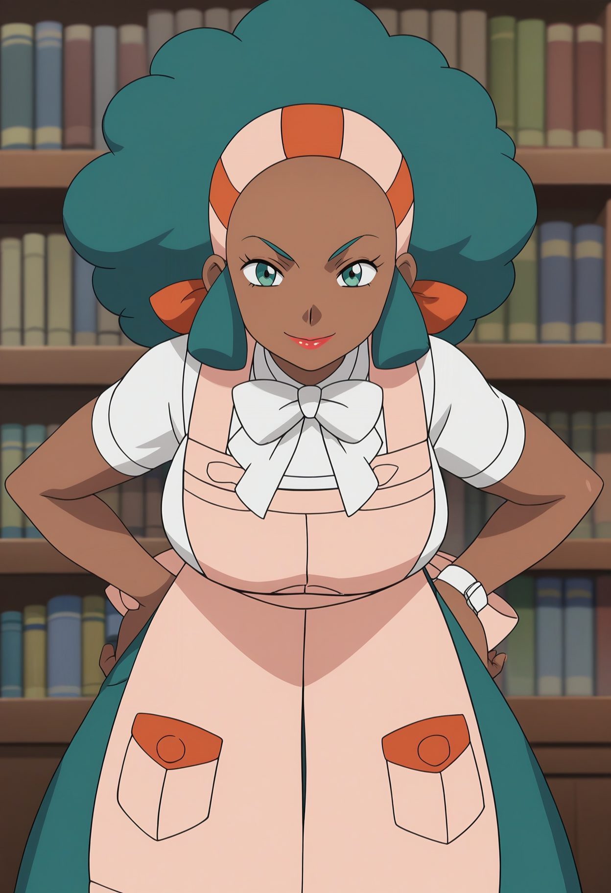 score_9, score_8_up, score_7_up, score_6_up, anime screencap, anime coloring, <lora:PMLenora_epoch_9:0.8>, PMLenora, dark skin, green eyes, eyelashes, green hair, big hair, afro, hairband, lipstick, large breasts,
pink apron, long apron, pocket, white shirt, short sleeves, white bow, bowtie, green pants,
leaning forward, looking at viewer, seductive smile, 
BREAK, indoors, bookshelf,