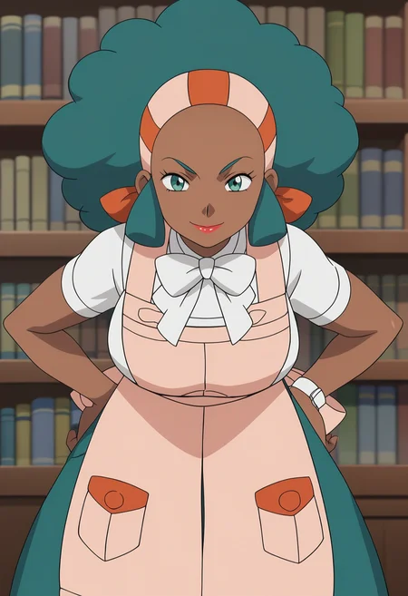 score_9, score_8_up, score_7_up, score_6_up, anime screencap, anime coloring, <lora:PMLenora_epoch_9:0.8>, PMLenora, dark skin, green eyes, eyelashes, green hair, big hair, afro, hairband, lipstick, large breasts,
pink apron, long apron, pocket, white shirt, short sleeves, white bow, bowtie, green pants,
leaning forward, looking at viewer, seductive smile, 
BREAK, indoors, bookshelf,