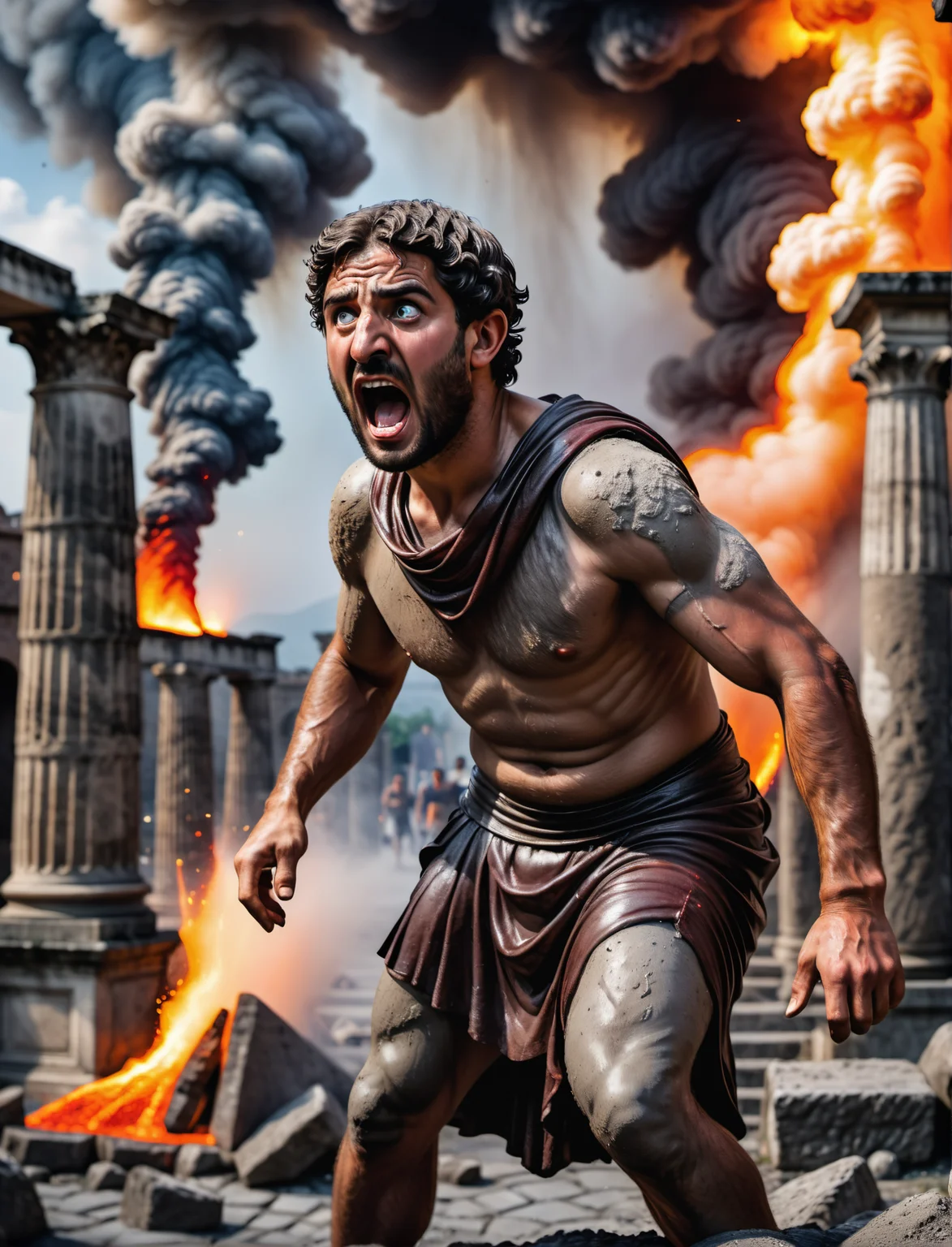 an portrait of the fall of pompeii, roman people in panic, pyroclastic flow after the vesuv did erupt, high quality photography, 3 point lighting, flash with softbox, 4k, Canon EOS R3, hdr, smooth, sharp focus, high resolution, award winning photo, 80mm, f2.8, bokeh