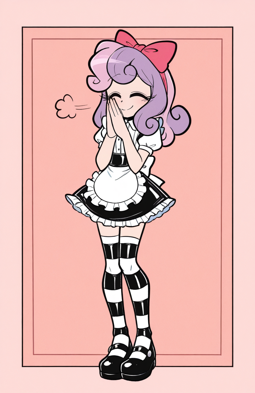 1girl, solo, latex, maid-style cafe uniform, blouse, frilled apron, short skirt, striped thighhighs, mary janes, hair bow, standing, hands softly clasped, serene look, smile, affectionate air,
 <lora:qqLettuce:0.8> qqlttc, sweetie belle \(mlp\) , extremely detailed, highres, masterpiece, best quality