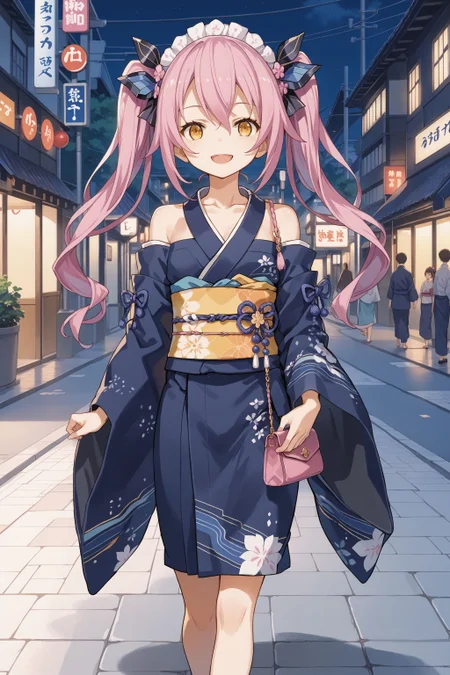 score_max, (score_9, score_8_up, score_7_up:1.0), score_6_up, official art, illustration, source_anime,
, masterpiece, absurdres, high detail, 8k,
night, kyoto, street, stone road,
walking, handbag, kinchaku, smile, open mouth,
ddpsaya, twintails, headdress, hair bow, japanese clothes, blue kimono, collarbone, bare shoulders, obi, wide sleeves,
<lora:XL_Pony_gomaotsu-saya-t2:0.9>