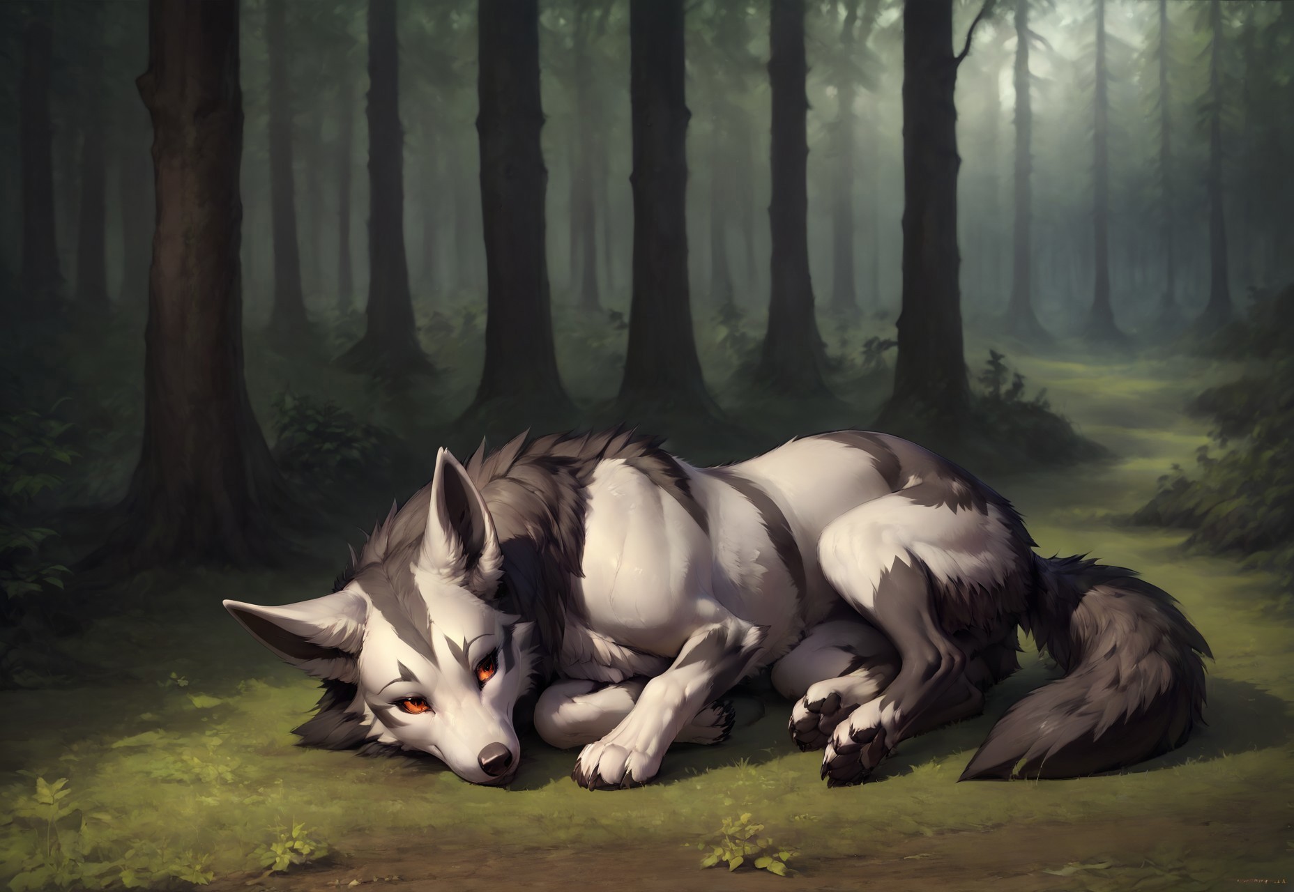 score_9, score_8_up, score_7_up, ultra hi res, by reallynxgirl, uploaded on e621, rating_safe, safe content, 3d, ((feral)),  feral wolf, female, solo, mightyena,lying on side, forest, detailed background
