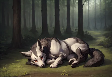score_9, score_8_up, score_7_up, ultra hi res, by reallynxgirl, uploaded on e621, rating_safe, safe content, 3d, ((feral)),  feral wolf, female, solo, mightyena,lying on side, forest, detailed background