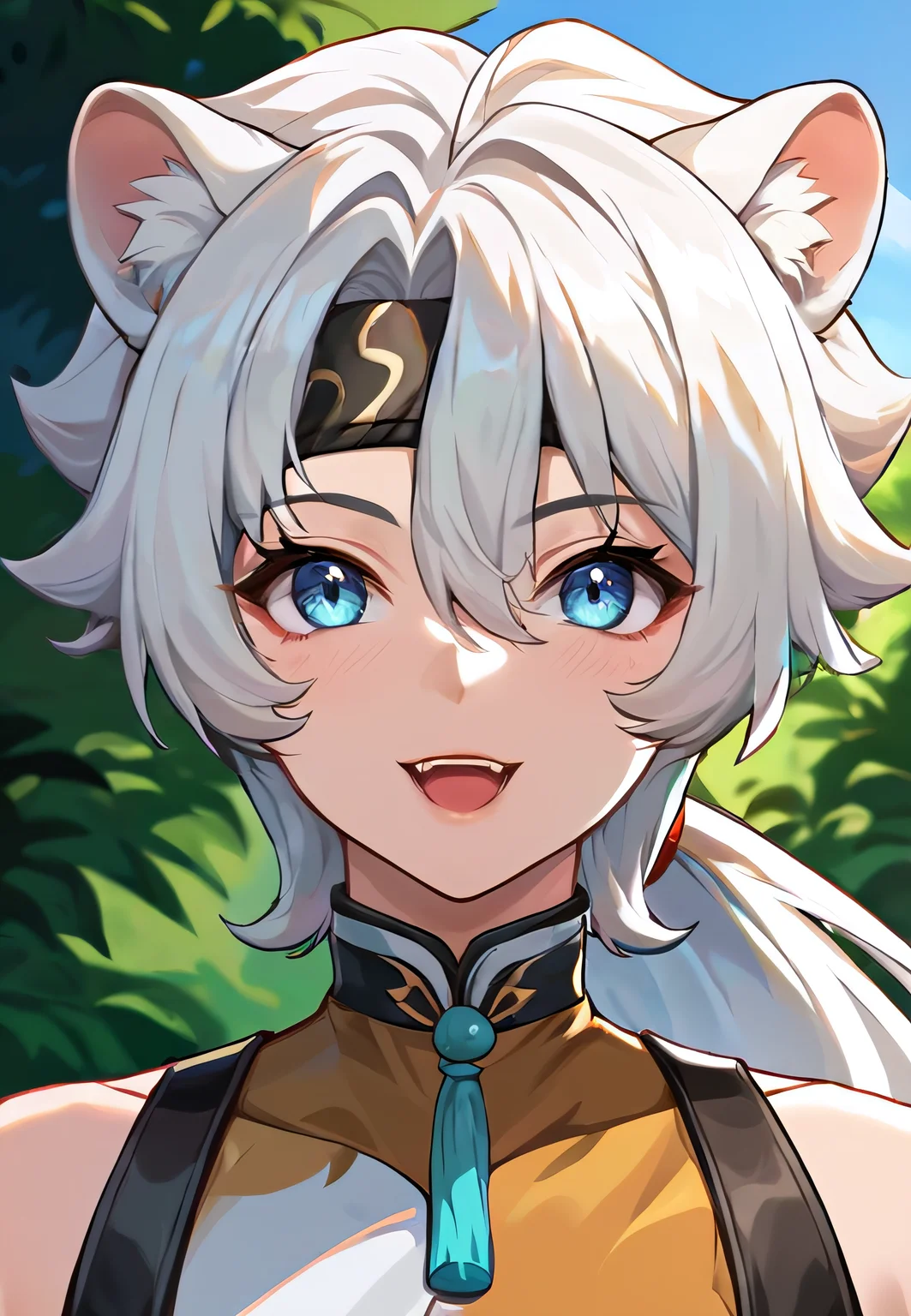 score_9, score_8_up, score_7_up, all in one, masterpiece, best quality, lots of details, (1boy:1.3), male focus, (narrow waist:1.5), <lora:sdxl_lightning_8step_lora:0.75> , closed mouth, shaded, detailed shading, detailed skin, shaded skin, realistic shading, looking at viewer, countershading:1.1, outdoors, <lora:add-detail-xl:0.7>, <lora:Smooth Anime 2 Style SDXL_LoRA_Pony Diffusion V6 XL:0.65>, , , , sloppy open mouth, cute smile, , hair between eyes, <lora:lingyang-08:0.55>, (lingyang:1.3), ponytail, blue eyes, tail, animal ears, (default outfit:1.3), (close-up shot:1.2), headband,