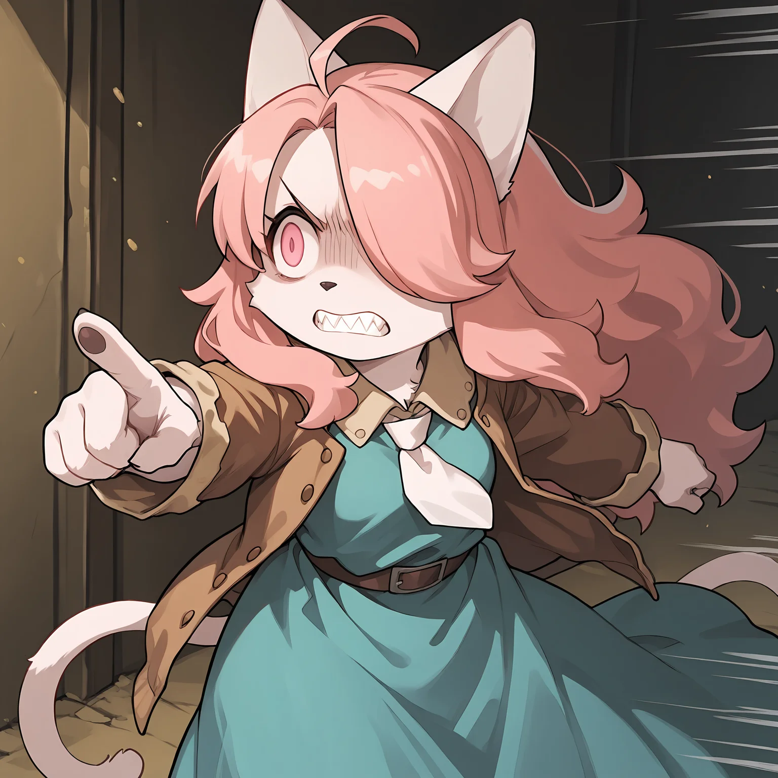 BREAK, <lora:Hanna_Fondant:1>, hanna fondant, fuga: melodies of steel, kemono, furry female, young female, 1girl, cat girl, white fur, pink eyes, pink hair, long hair, ahoge, hair over one eye, animal ears, cat ears, cat tail,
BREAK, Fuga 2 Outfit, teal dress, brown open jacket, white necktie,
BREAK, solo, half body, outside, dark skies, standing, angry, bared teeth, looking into the distance, wide eyes, scared, determined, pointing at something in the distance, outstretched arm, motion lines, action pose, pose, resolve, falling backwards